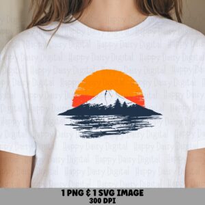 Mount Fuji, Sunset Reflection PNG SVG | Sublimation Digital Clipart | 300 DPI, Commercial License, Pine Silhouette