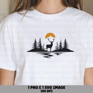 Antlered Deer, Stag At Dusk Silhouette PNG SVG | Sublimation Clipart, Commercial Use, 300 DPI
