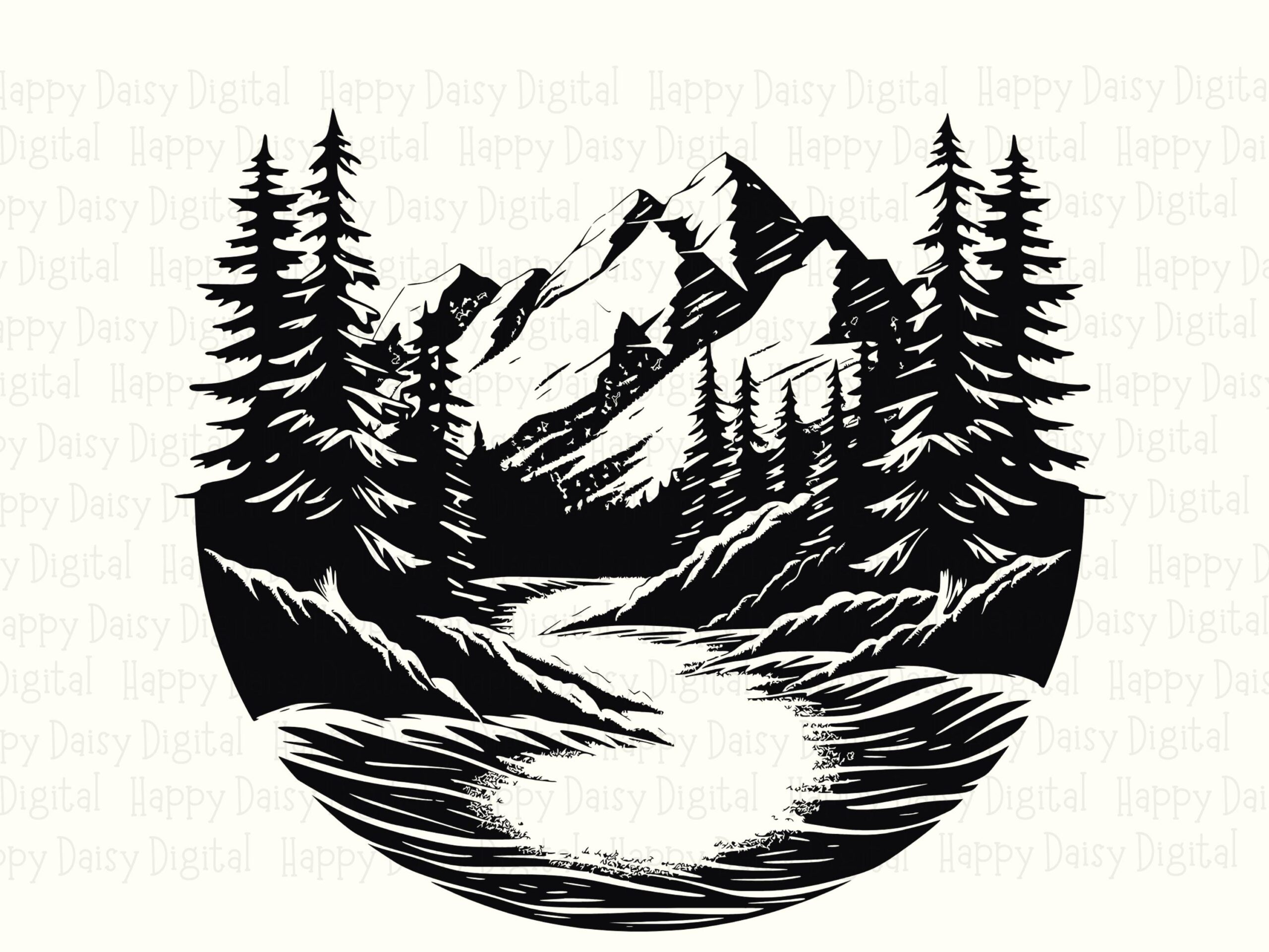 Half Circle Scene, Sketch Style Canyon PNG | Pine Trees, Jagged Peaks, Flowing River - Sublimation SVG - Image 2