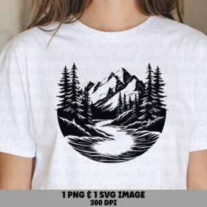 Half Circle Scene, Sketch Style Canyon PNG | Pine Trees, Jagged Peaks, Flowing River - Sublimation SVG