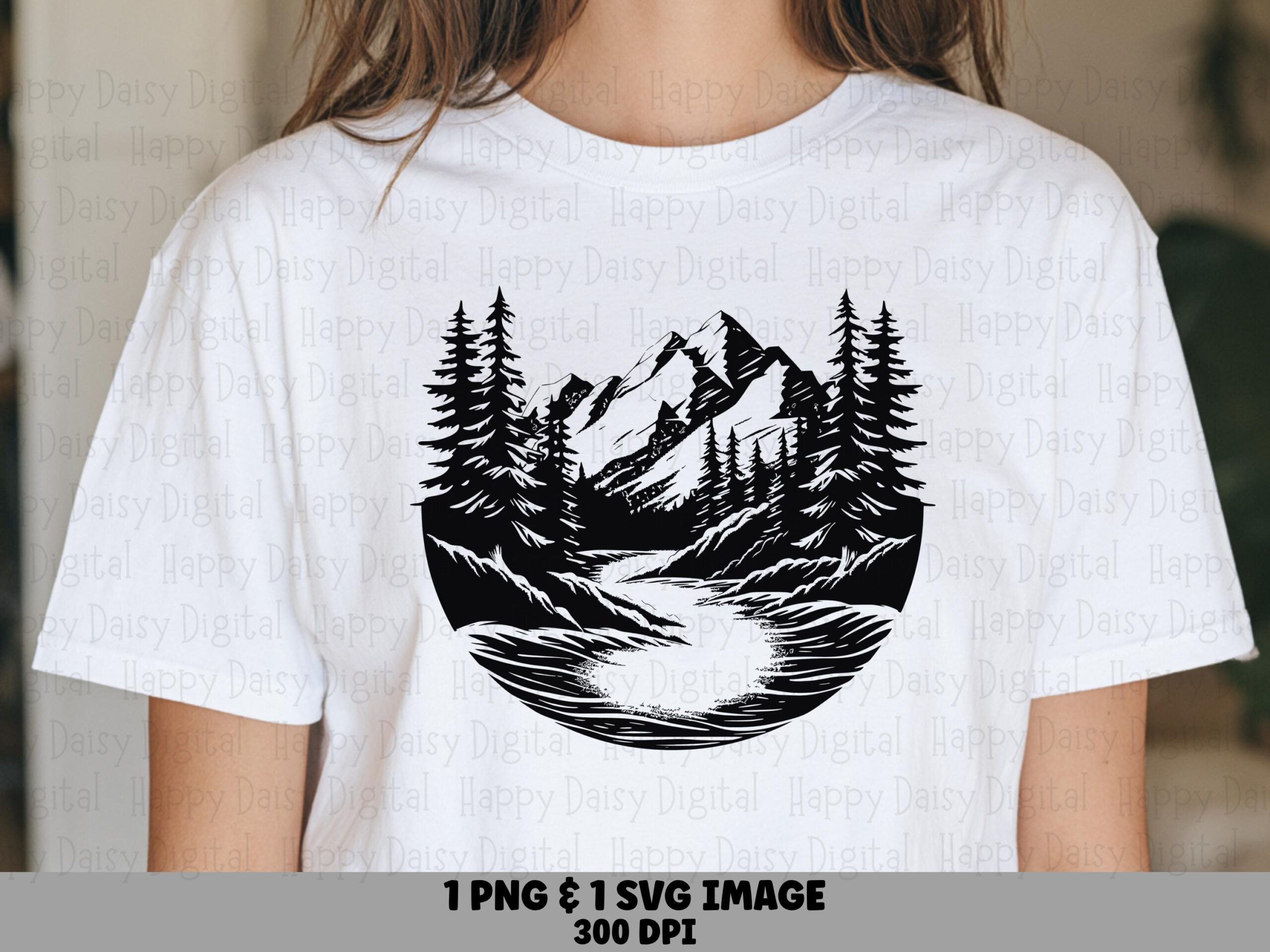 Half Circle Scene, Sketch Style Canyon PNG | Pine Trees, Jagged Peaks, Flowing River - Sublimation SVG