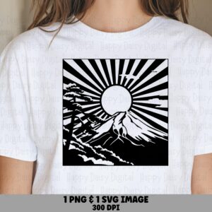 Sunburst Peak, Black White Mountain Silhouette PNG SVG | Sublimation Files, Commercial License, POD