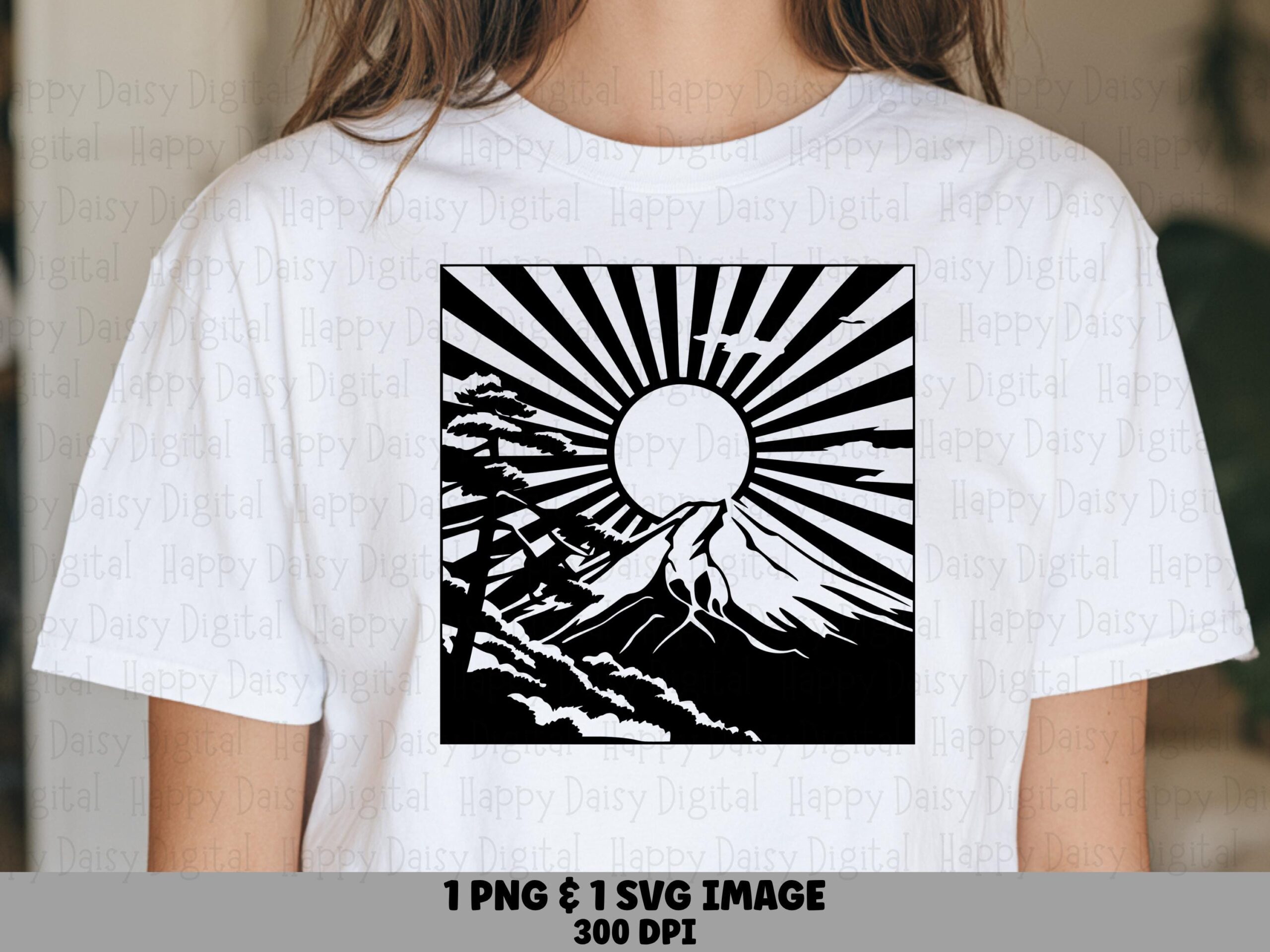 Sunburst Peak, Black White Mountain Silhouette PNG SVG | Sublimation Files, Commercial License, POD
