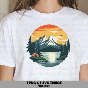 Lake Sunset PNG, Circle Mountain Campfire Clipart | Sublimation SVG Files | Commercial Use, 300 DPI