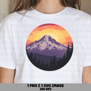 Dusk Summit Png, Purple Orange Sunset Mountain Clipart, Circular Forest Silhouette | Svg Included - Commercial Use