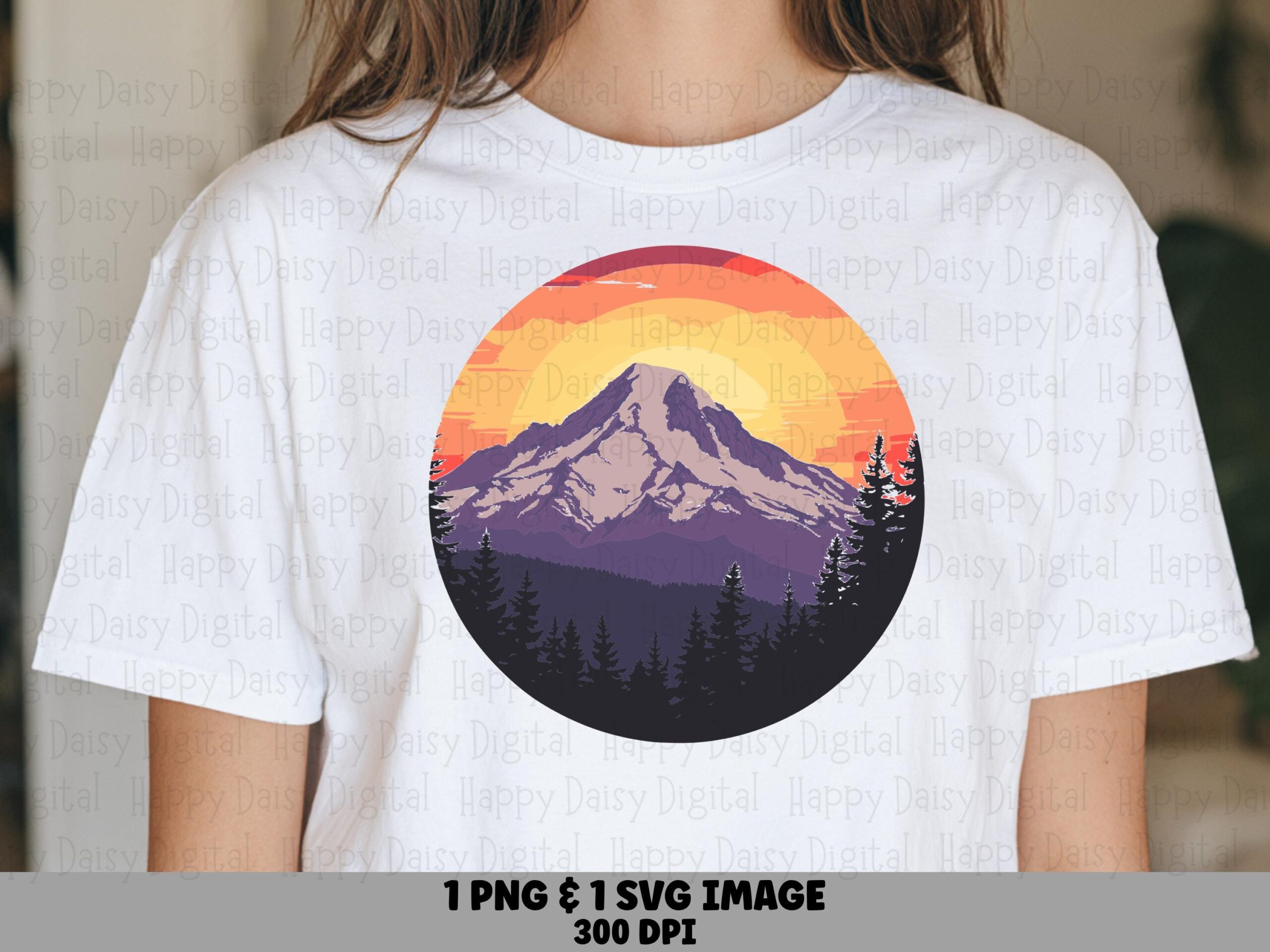 Dusk Summit Png, Purple Orange Sunset Mountain Clipart, Circular Forest Silhouette | Svg Included - Commercial Use