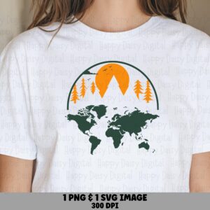 World Map Design, Arched Sun Mountain Globe PNG SVG | Sublimation, Print-Ready 300 DPI | Commercial Use