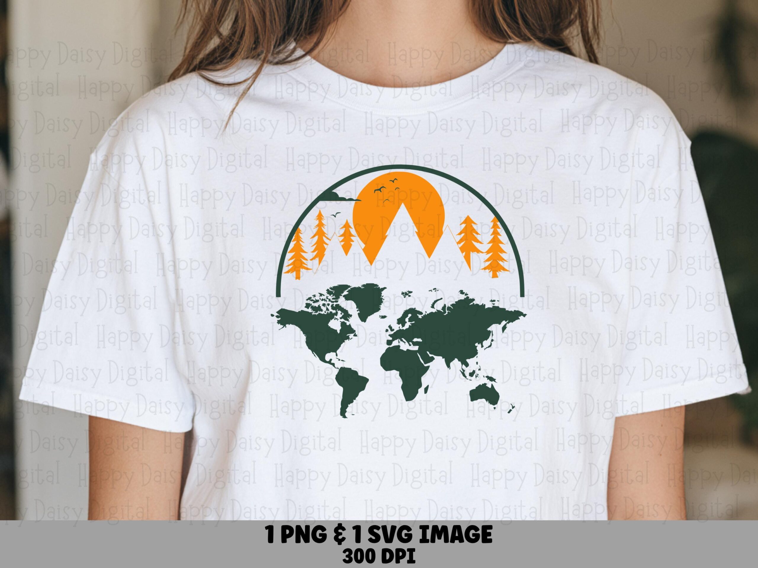 World Map Design, Arched Sun Mountain Globe PNG SVG | Sublimation, Print-Ready 300 DPI | Commercial Use
