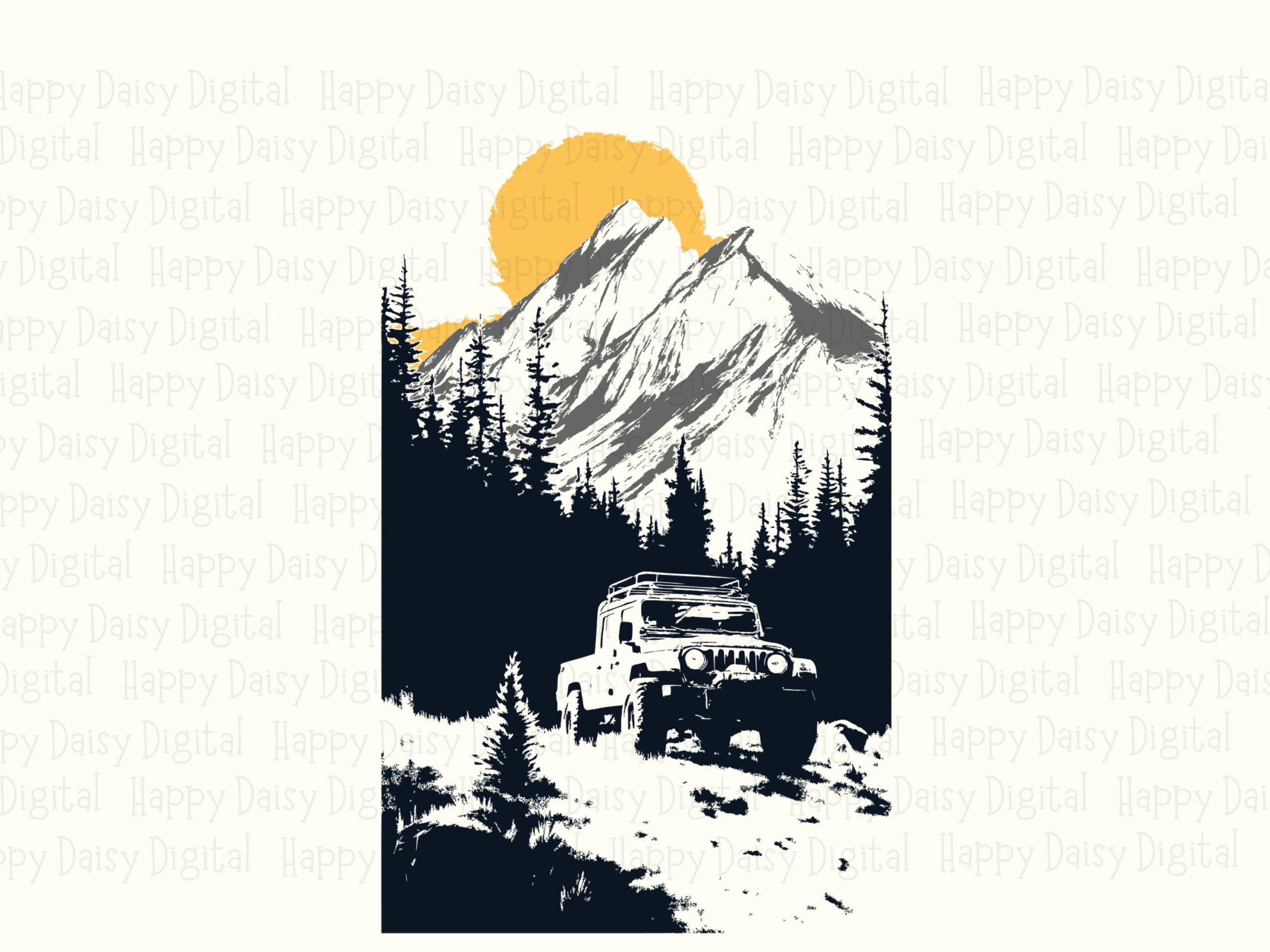 Off Road Jeep, Adventure Sublimation PNG SVG, Black White Forest Trail, Yellow Sun Mountain, Commercial Use, 300DPI - Image 2
