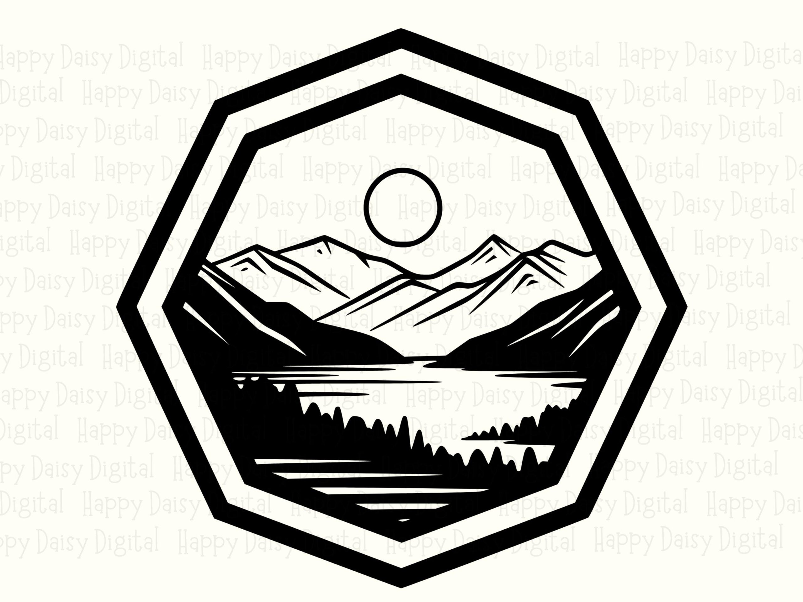 Geo Mountain PNG, Geometric Octagon Peak Line Art | Black Outline Lake Scene, SVG File, Commercial Use - Image 2