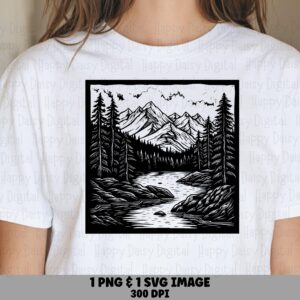 Woodcut Mountains, Linocut Style PNG SVG, River Valley Design | Black White | 300 DPI, Commercial Use License