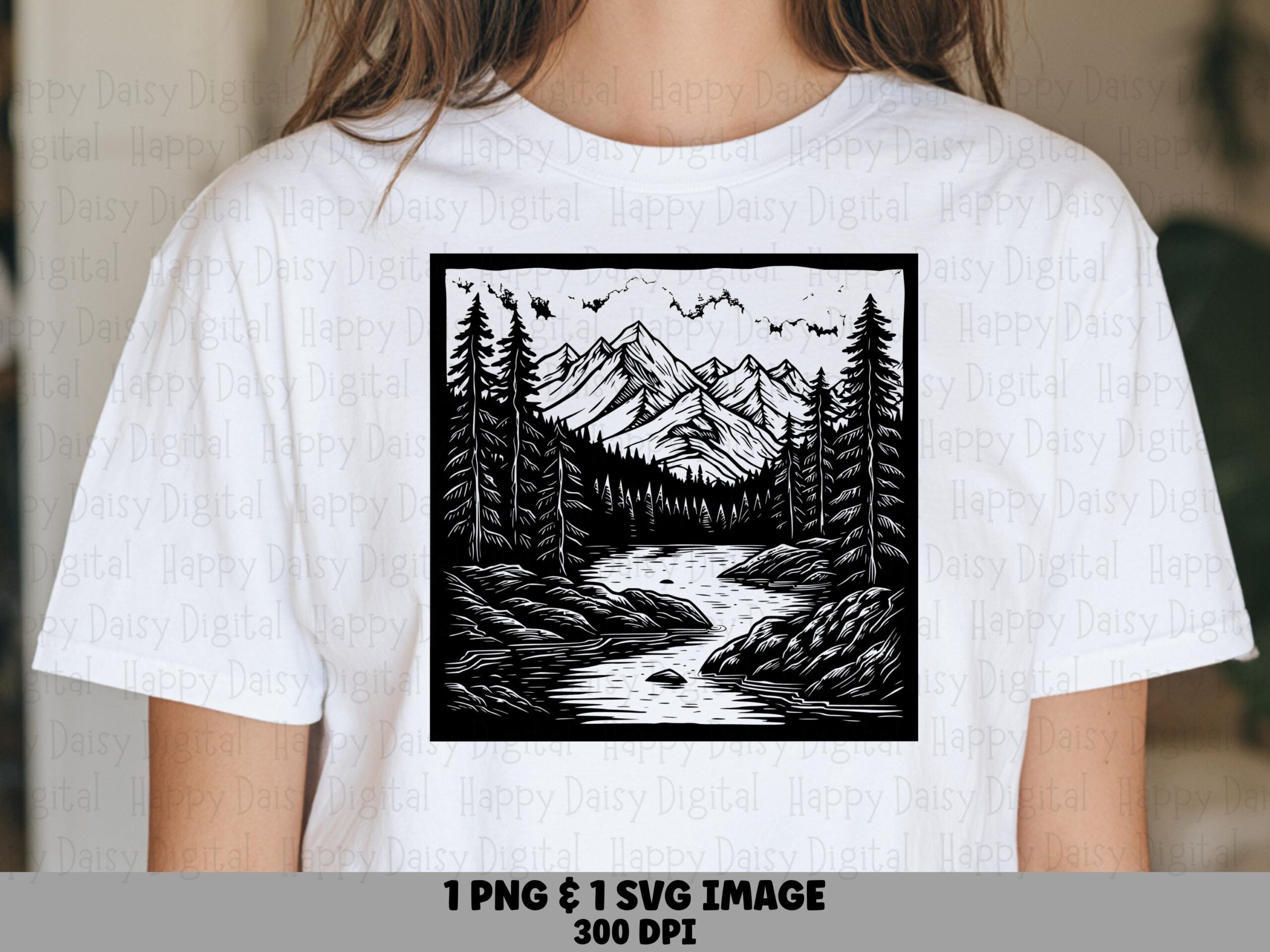 Woodcut Mountains, Linocut Style PNG SVG, River Valley Design | Black White | 300 DPI, Commercial Use License