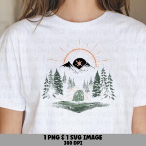 Sunrise Ridge, Line Art Mountain PNG SVG - Pine Forest Watercolor Waterfall, Digital Sublimation Files | 300 DPI