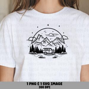 Camper Van Scene, Line Art Circular Design | PNG & SVG Files, 300 dpi, Commercial Use, For POD Sellers