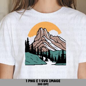 Rustic Peaks, Layered Mountain Scene PNG SVG, Tan Pink Teal Design | Sublimation, Commercial Use