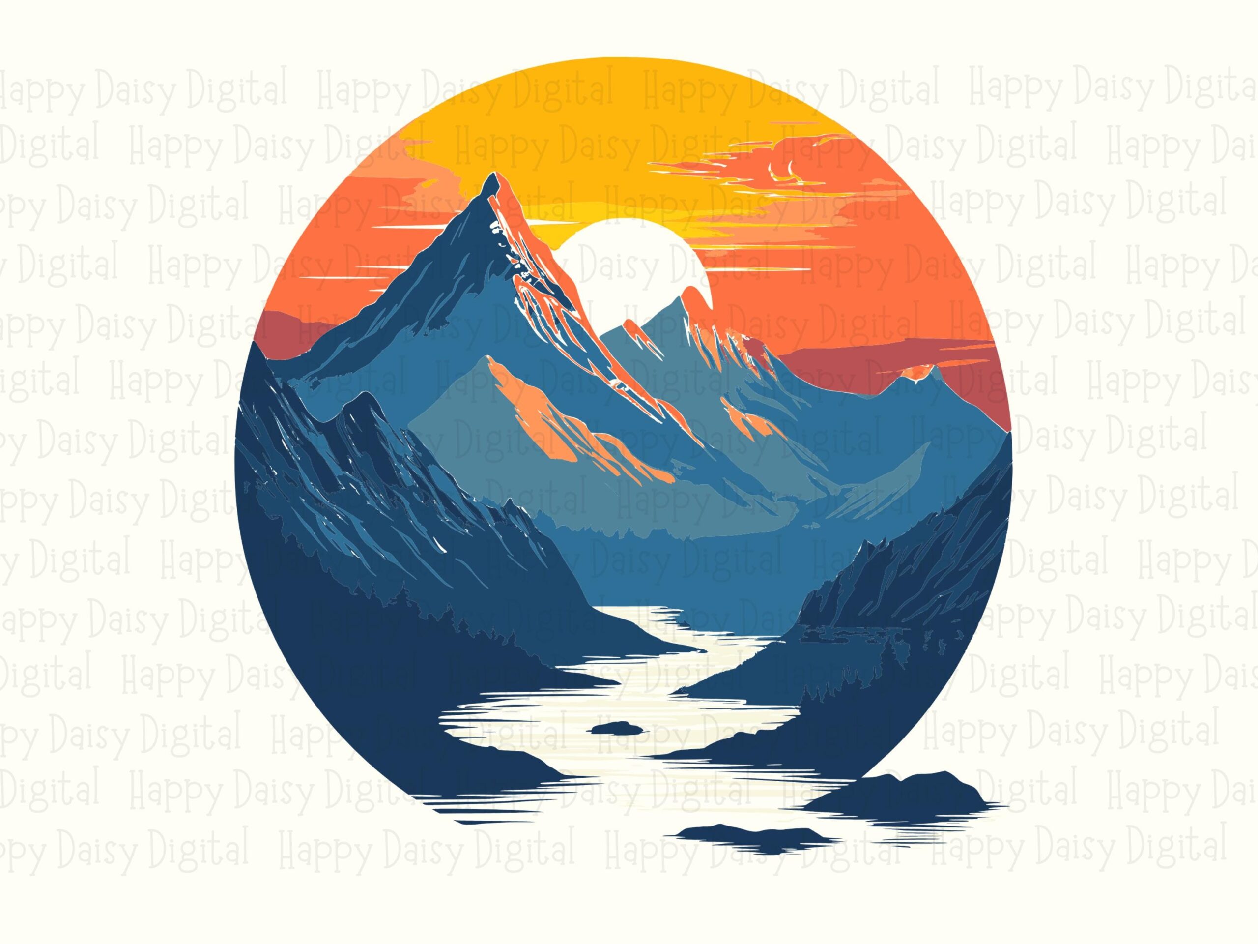 Sunset Circle PNG, Gradient Mountain Badge, Pink-Orange Sky With Blue Peaks | SVG File, 300 DPI | Commercial Use - Image 2