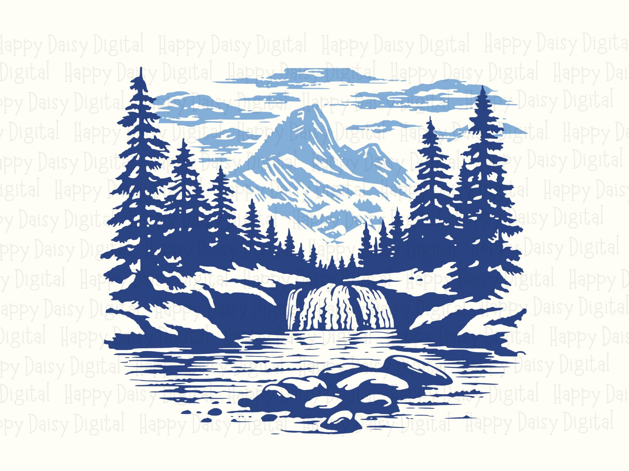 Navy Waterfall Art, Duotone Mountain Cascade PNG | SVG, Pine Forest Illustration, 300 DPI Files - Image 2