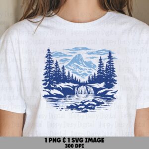 Navy Waterfall Art, Duotone Mountain Cascade PNG | SVG, Pine Forest Illustration, 300 DPI Files