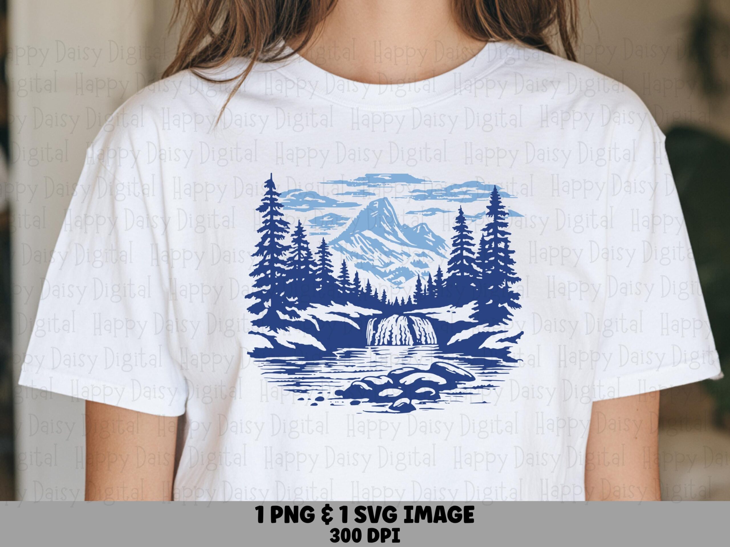 Navy Waterfall Art, Duotone Mountain Cascade PNG | SVG, Pine Forest Illustration, 300 DPI Files