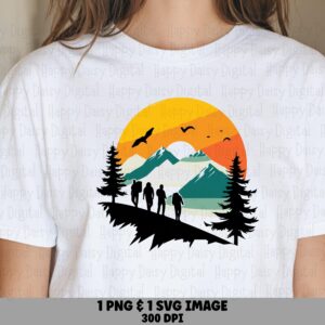 Sunburst Hike Badge, Hiker Silhouette Clipart PNG SVG | Teal Mountain Circle Scene, Commercial Use