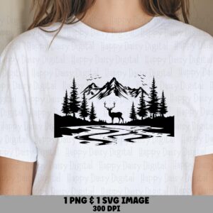 Deer Dusk PNG Design, Mountain Silhouette - River Scene, Pine Forest, SVG File, Commercial License