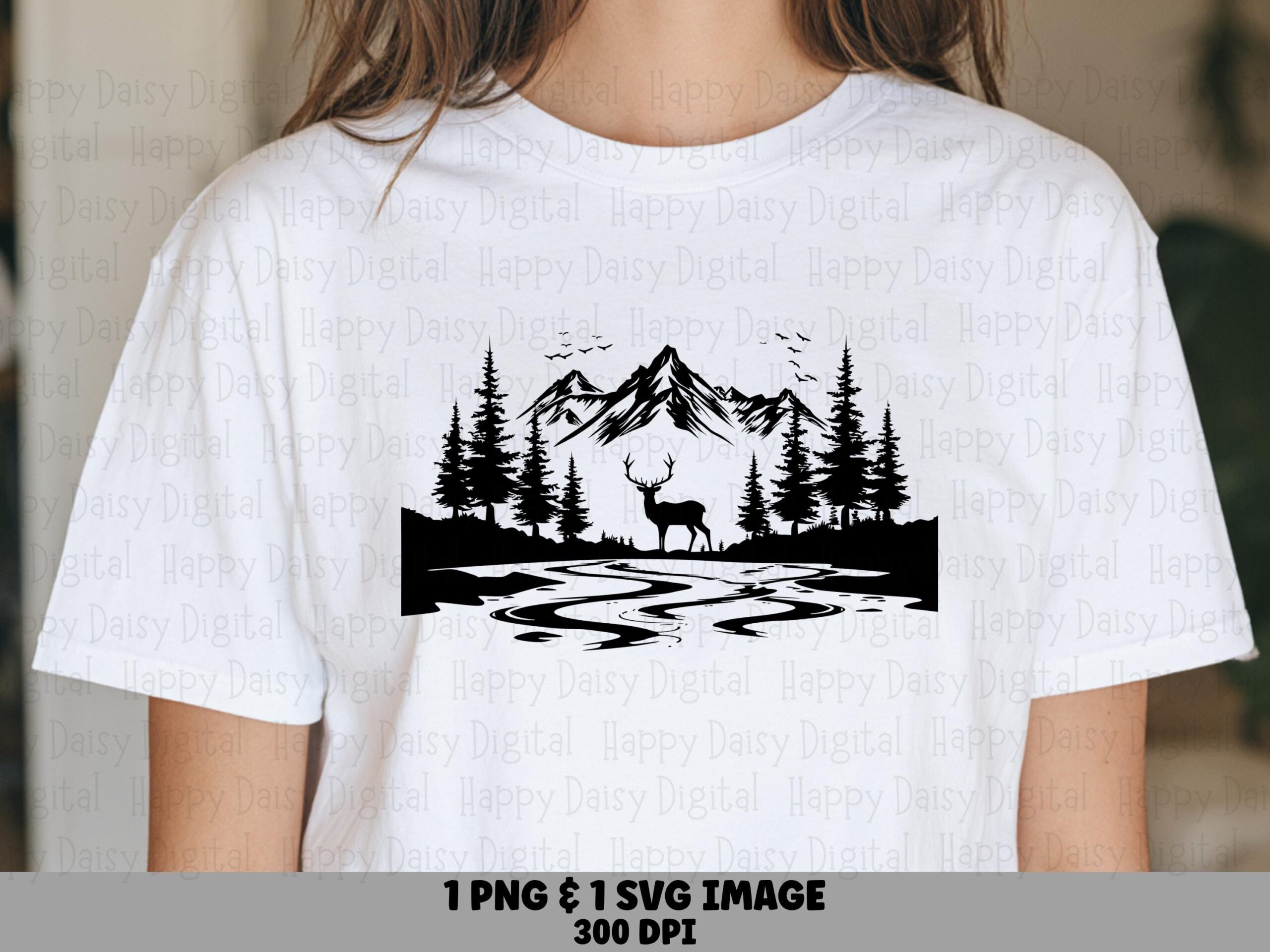 Deer Dusk PNG Design, Mountain Silhouette - River Scene, Pine Forest, SVG File, Commercial License