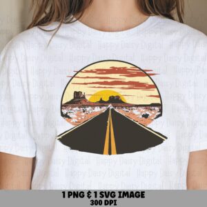 Desert Road Art, Sunset Highway Circle Badge PNG SVG | Digital Clipart, Commercial Use | 300 DPI