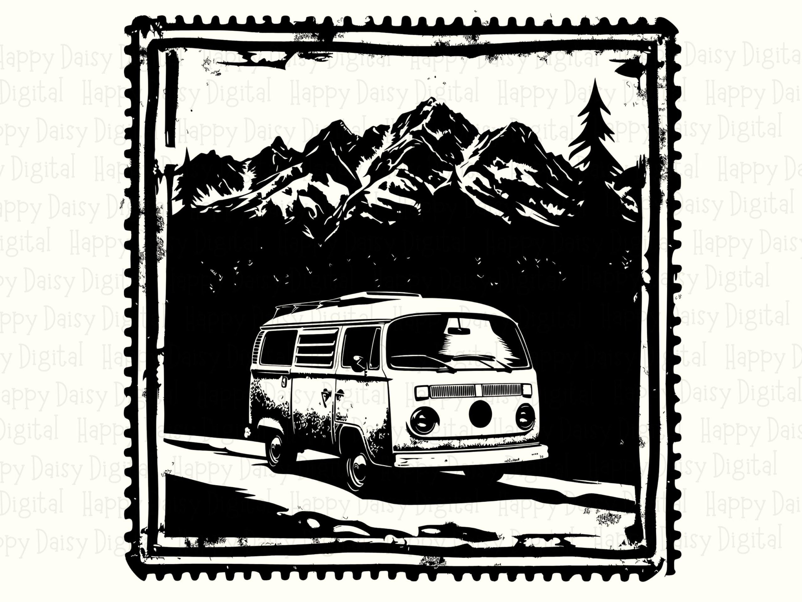 Vintage Camper Van, Stamp Clipart - Postage Frame, Mountain Pine Scene | PNG, SVG, 300 DPI - Image 2