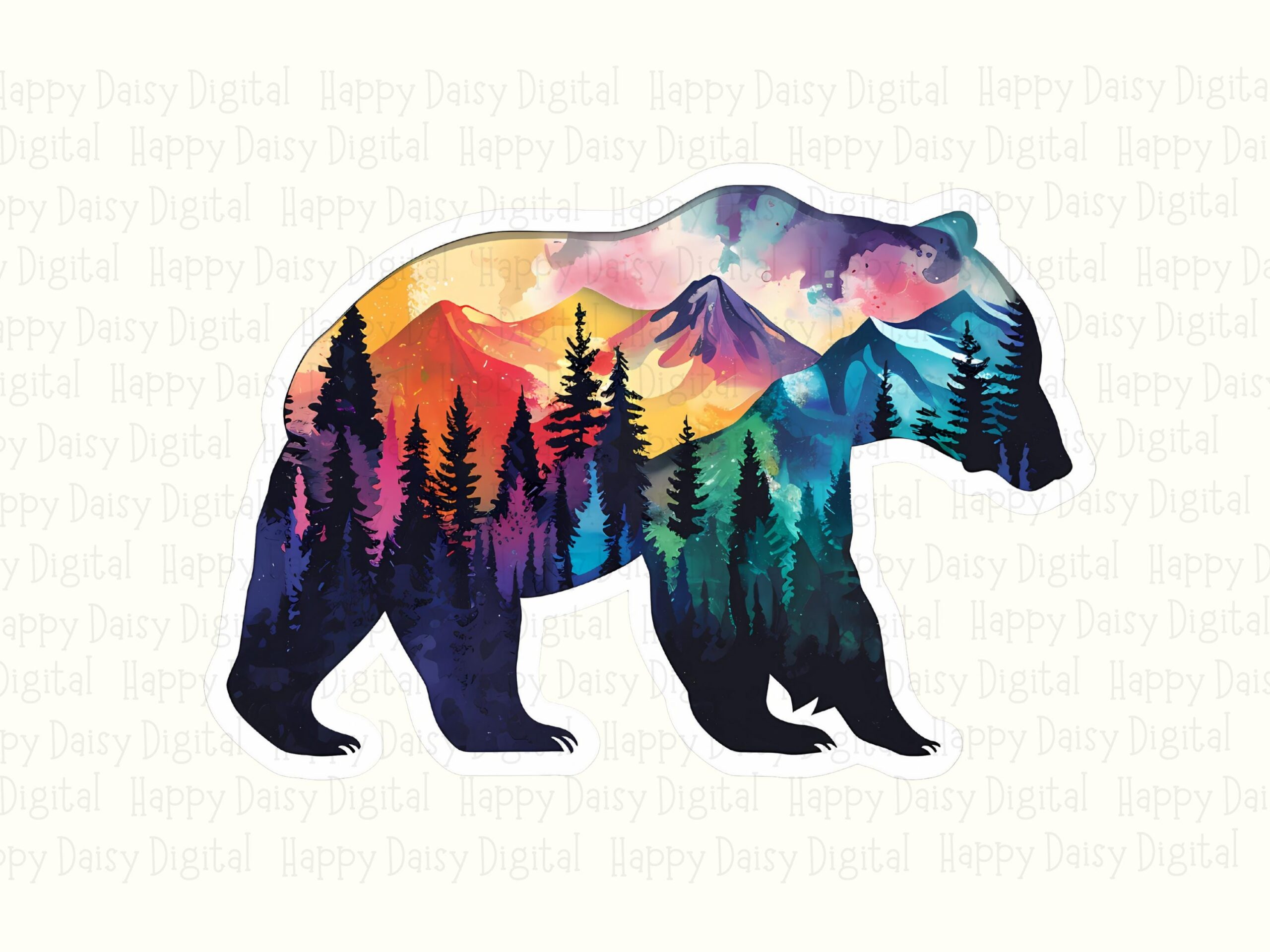Watercolor Bear, Pine Forest Silhouette PNG | Sublimation Graphic, Commercial License, 300 DPI - Image 2