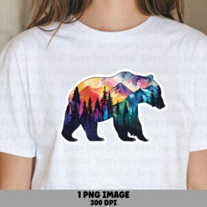 Watercolor Bear, Pine Forest Silhouette PNG | Sublimation Graphic, Commercial License, 300 DPI