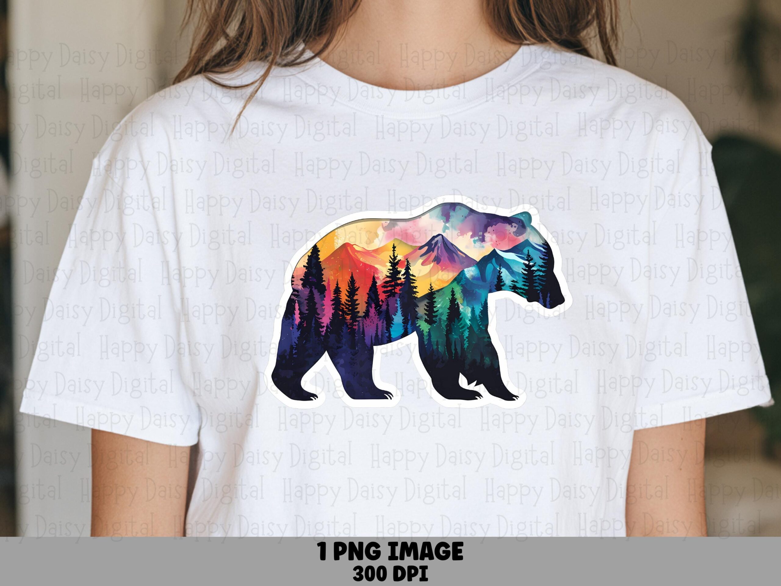 Watercolor Bear, Pine Forest Silhouette PNG | Sublimation Graphic, Commercial License, 300 DPI