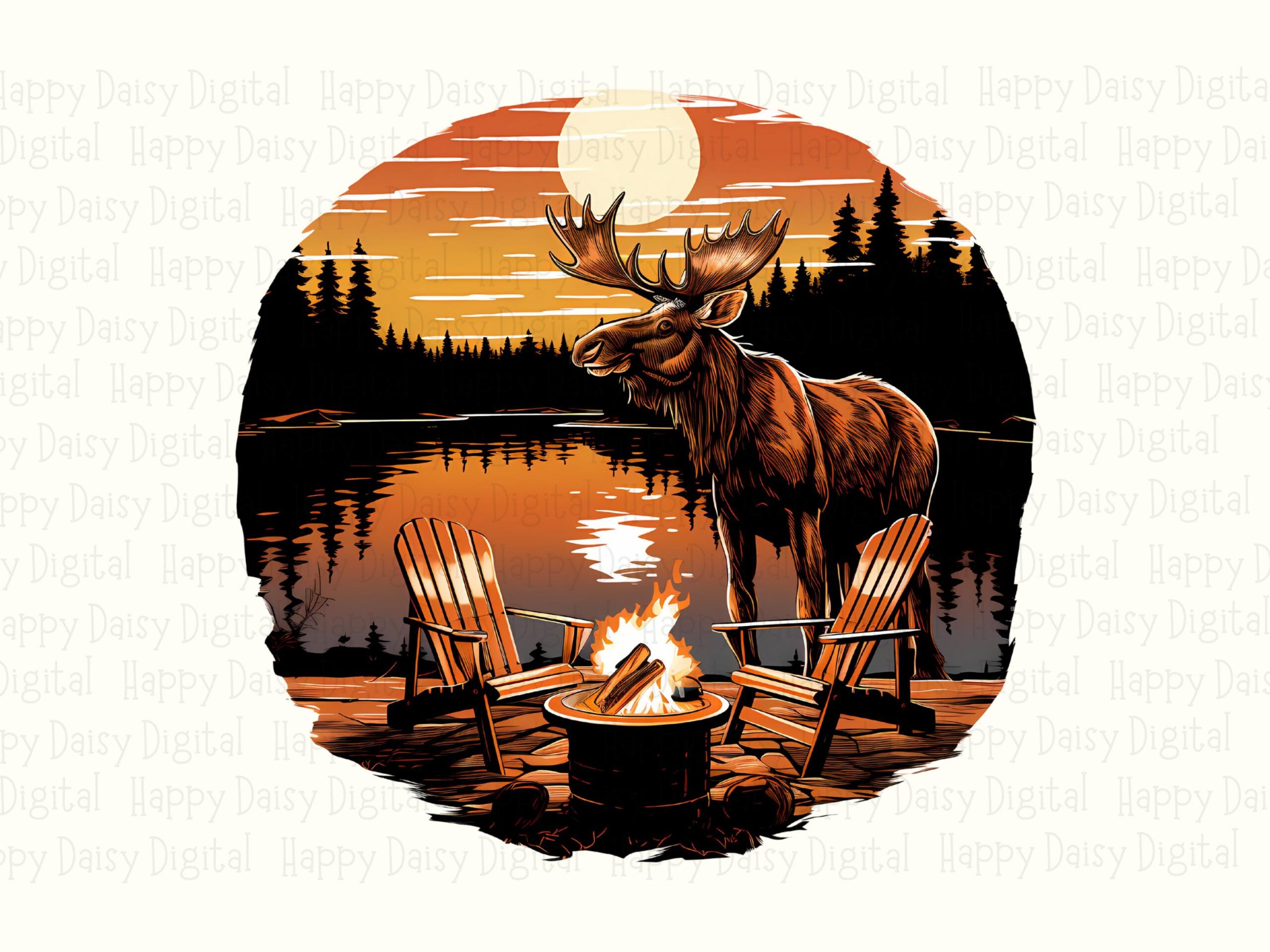 Moose Camp PNG, Campfire Glow Illustration | Night Pine Silhouette, Star Sky Art | 300 DPI, Commercial Use - Image 2