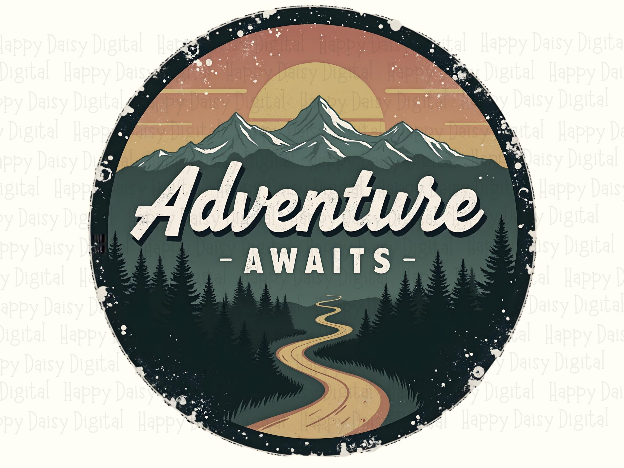 Adventure Awaits, Vintage Sunset Badge PNG | Distressed Winding Road Design | 300 DPI, Commercial Use License - Image 2