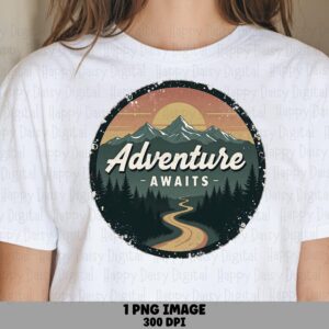 Adventure Awaits, Vintage Sunset Badge PNG | Distressed Winding Road Design | 300 DPI, Commercial Use License