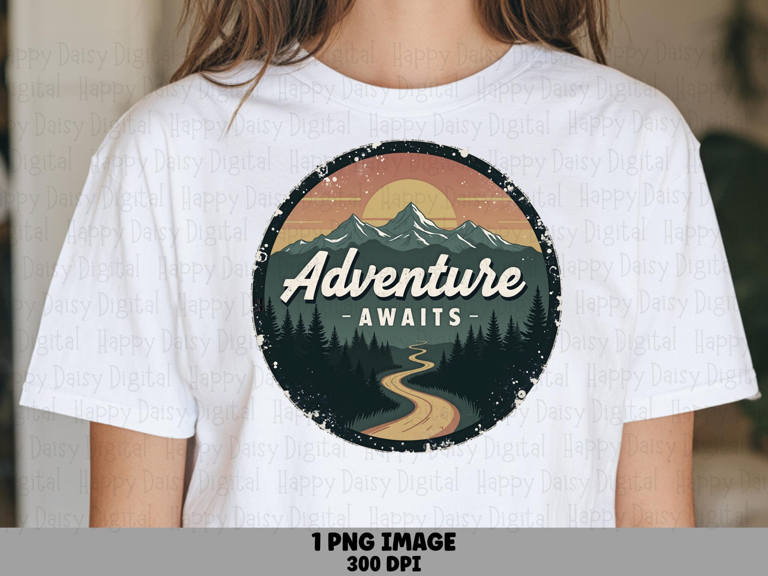 Adventure Awaits, Vintage Sunset Badge PNG | Distressed Winding Road Design | 300 DPI, Commercial Use License