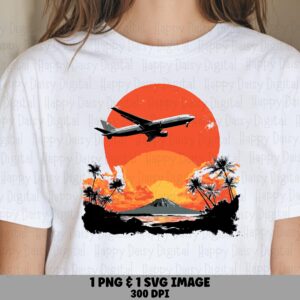 Airplane Sunset Palm Mountain Scene PNG, SVG, Sublimation, Commercial Use - Travel Clipart For POD