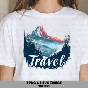 Mountain Valley PNG, Travel Script Landscape Clipart | Red-Orange Peak, Teal Scene SVG - Sublimation, 300 DPI