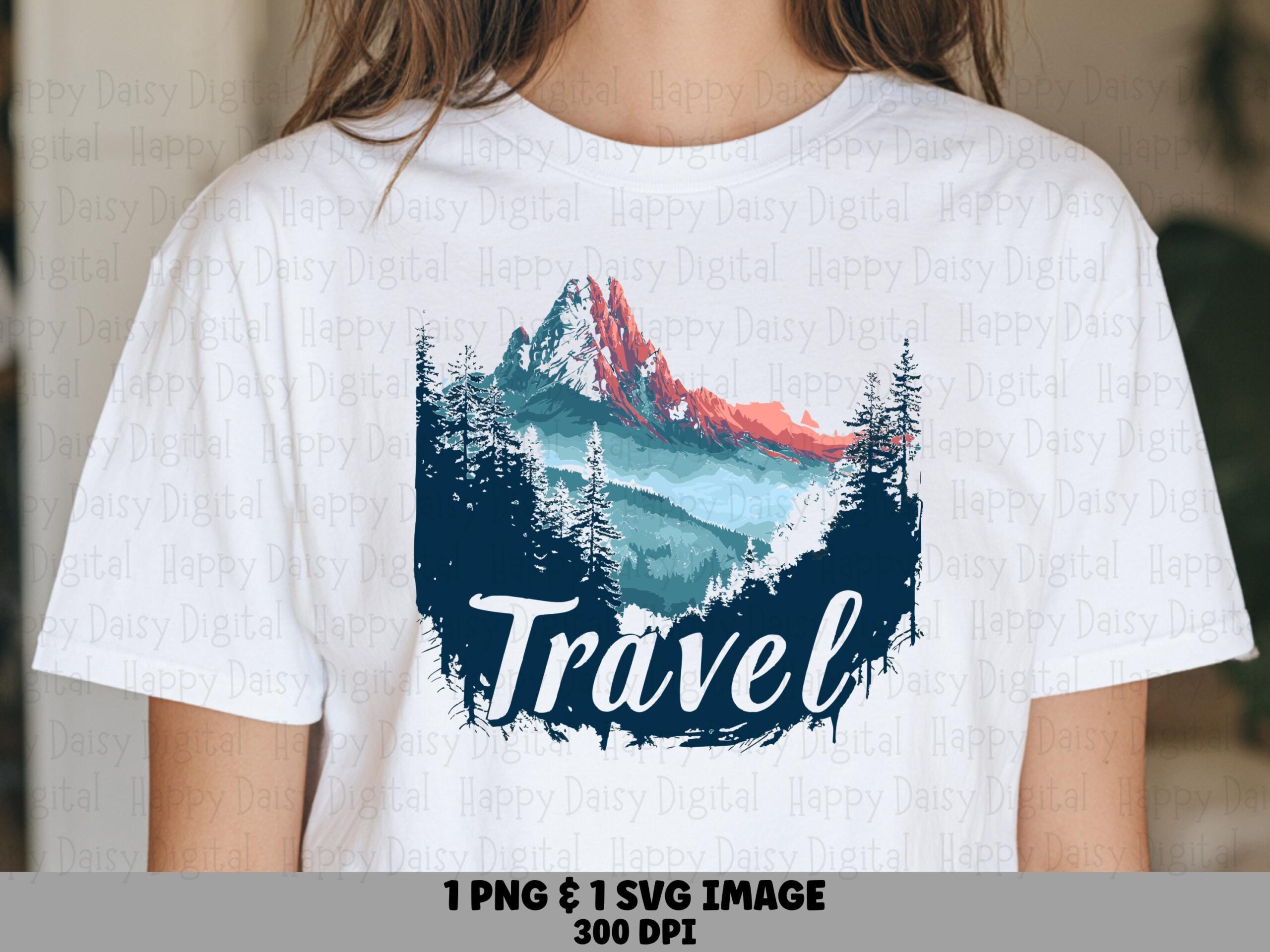 Mountain Valley PNG, Travel Script Landscape Clipart | Red-Orange Peak, Teal Scene SVG - Sublimation, 300 DPI