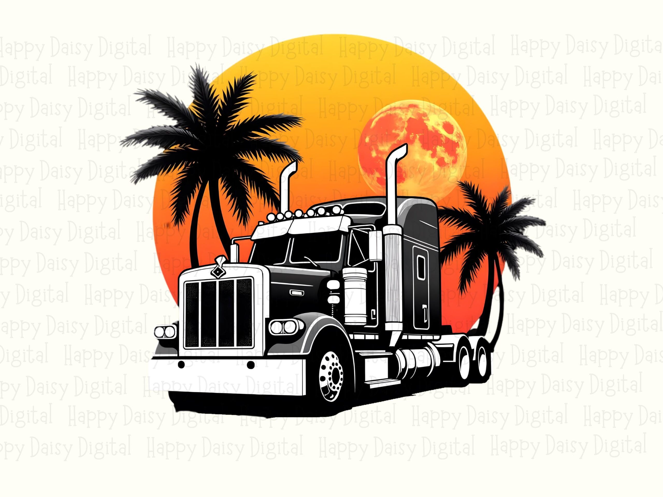 Trucker Sunset, Retro Semi-Truck Scene PNG | Sublimation, Commercial Use, 300 DPI, Transparent Background - Image 2