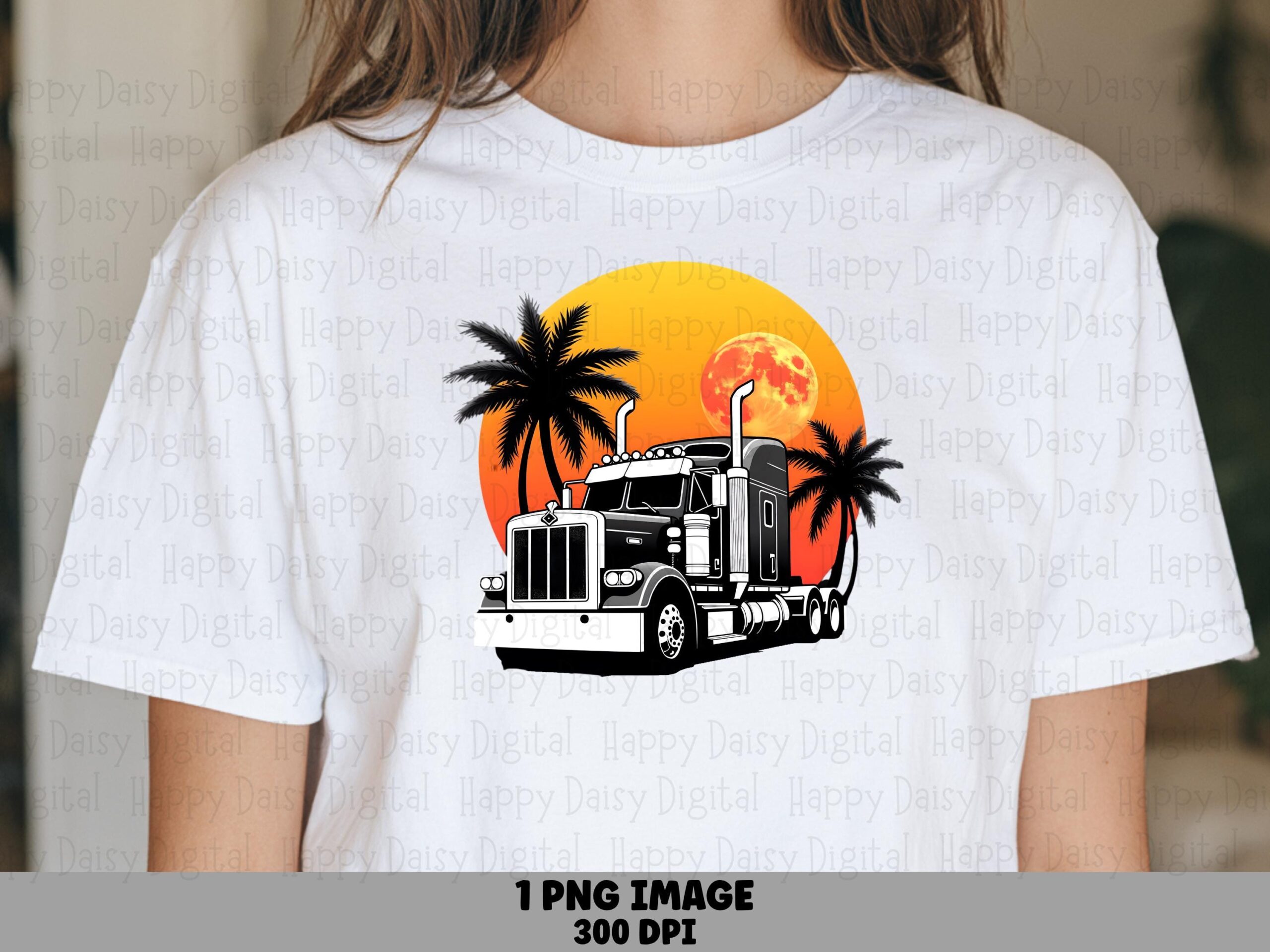 Trucker Sunset, Retro Semi-Truck Scene PNG | Sublimation, Commercial Use, 300 DPI, Transparent Background