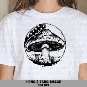 Patriotic Mushroom, Line Art Toadstool Badge PNG SVG | Flag Backdrop Clipart, Commercial Use, 300 DPI