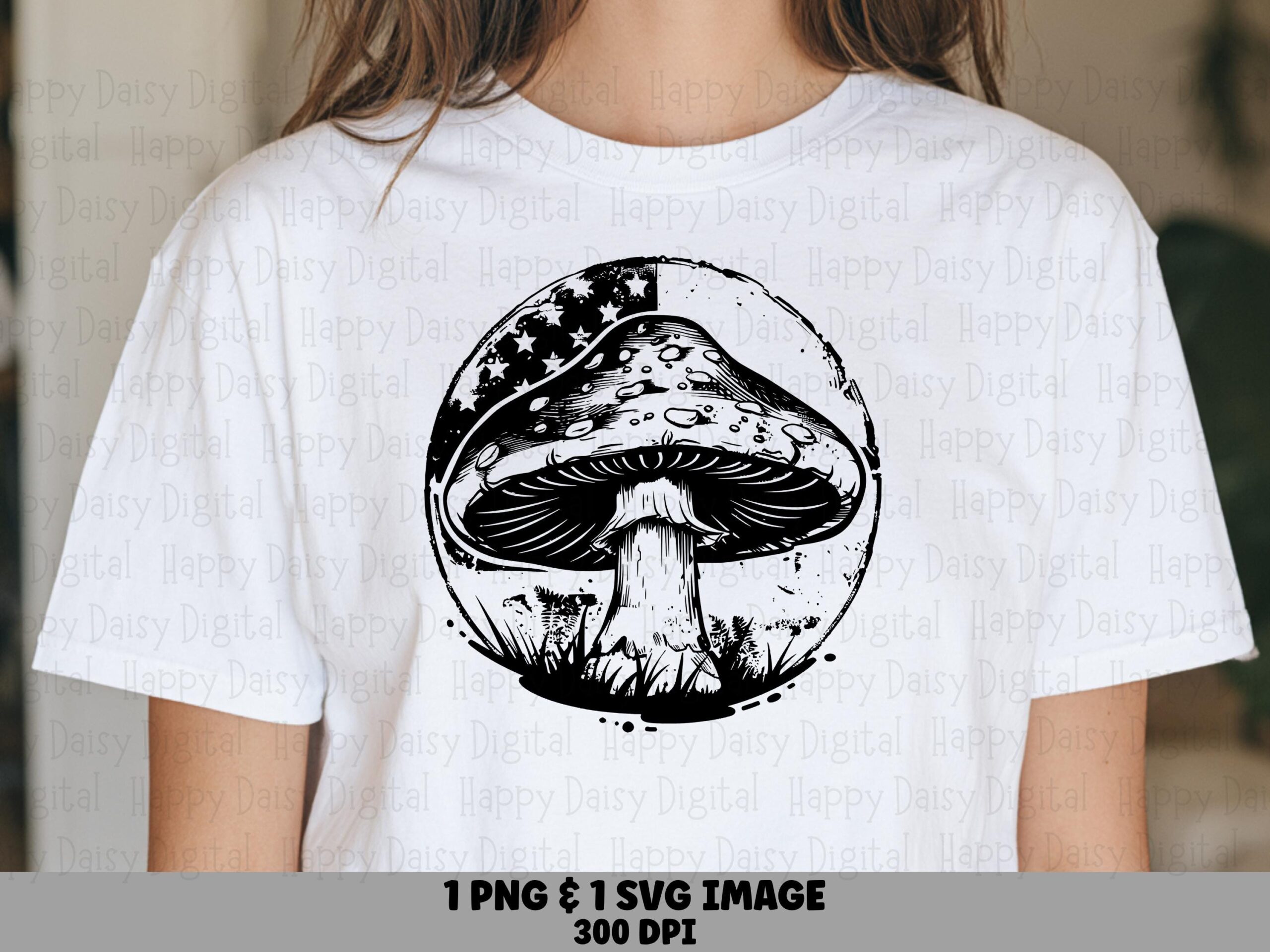 Patriotic Mushroom, Line Art Toadstool Badge PNG SVG | Flag Backdrop Clipart, Commercial Use, 300 DPI