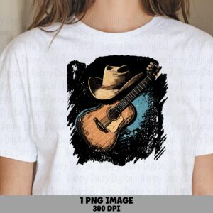 Guitar Cowboy Hat, Brushstroke Country Clipart | PNG Sublimation, Teal Splash Accent, Commercial Use