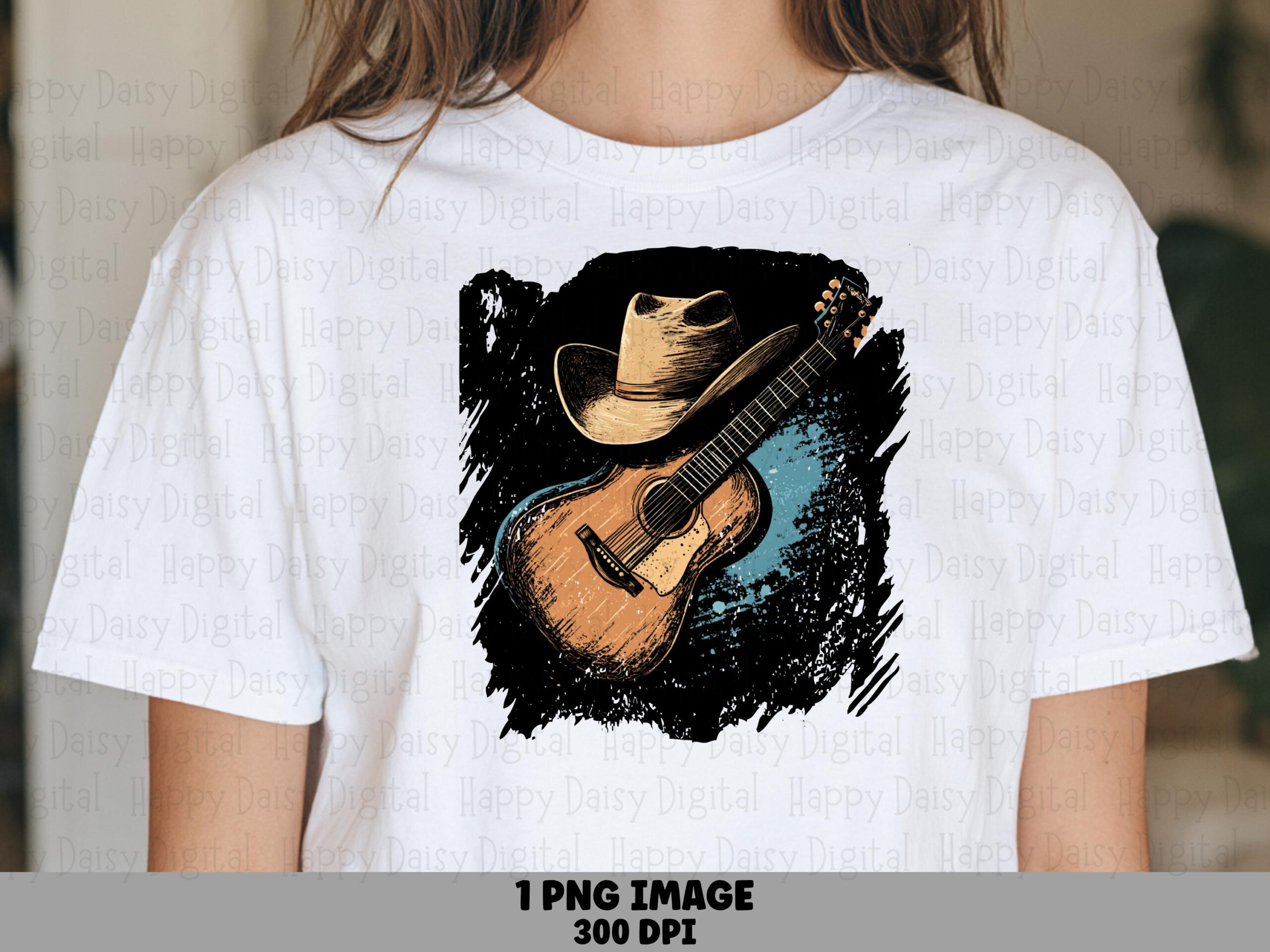 Guitar Cowboy Hat, Brushstroke Country Clipart | PNG Sublimation, Teal Splash Accent, Commercial Use