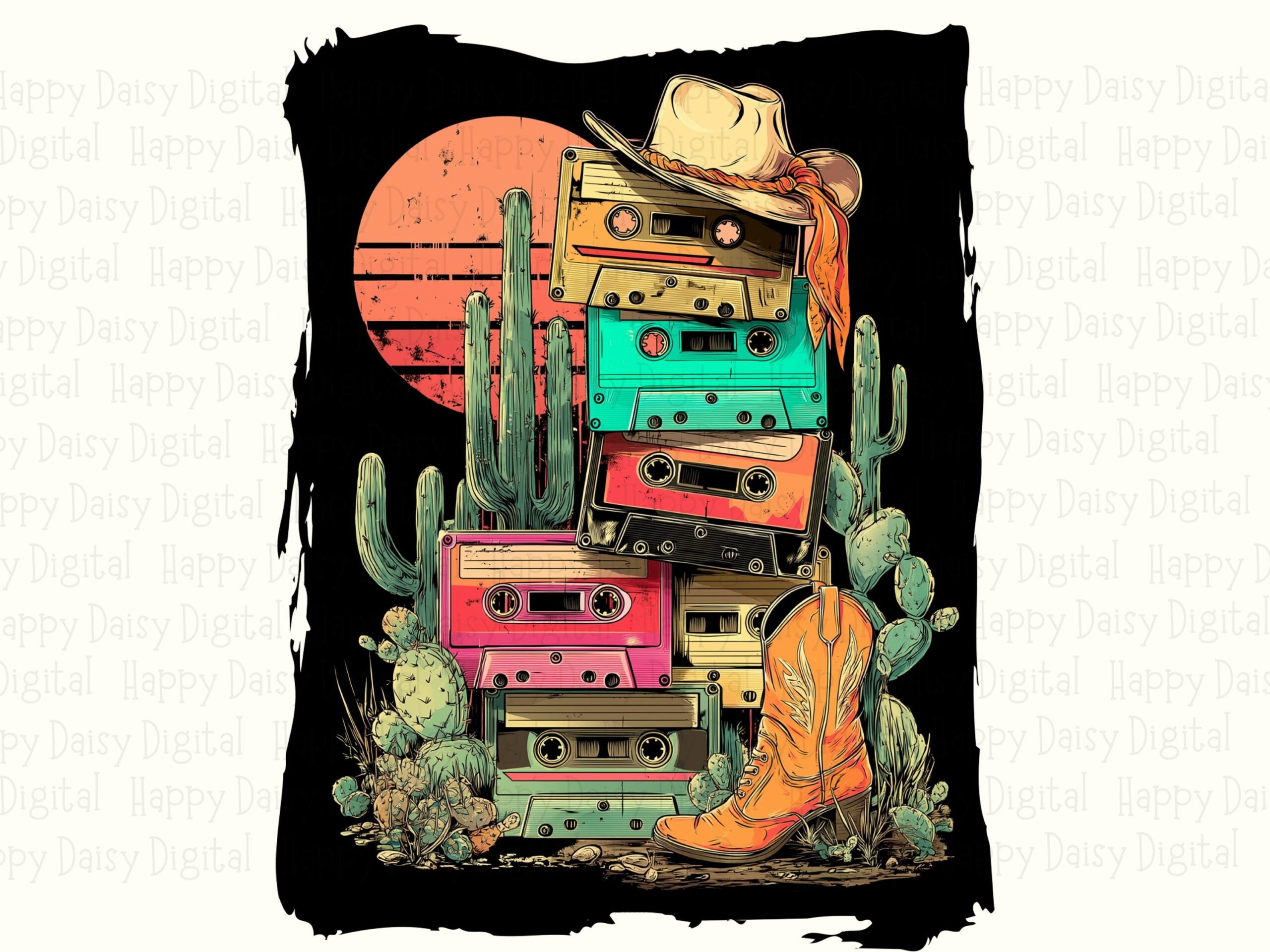 Cassette Tape Stack, Retro Cowboy PNG | Cactus Sunset Design, Boot And Hat, 300 DPI, Transparent - Image 2