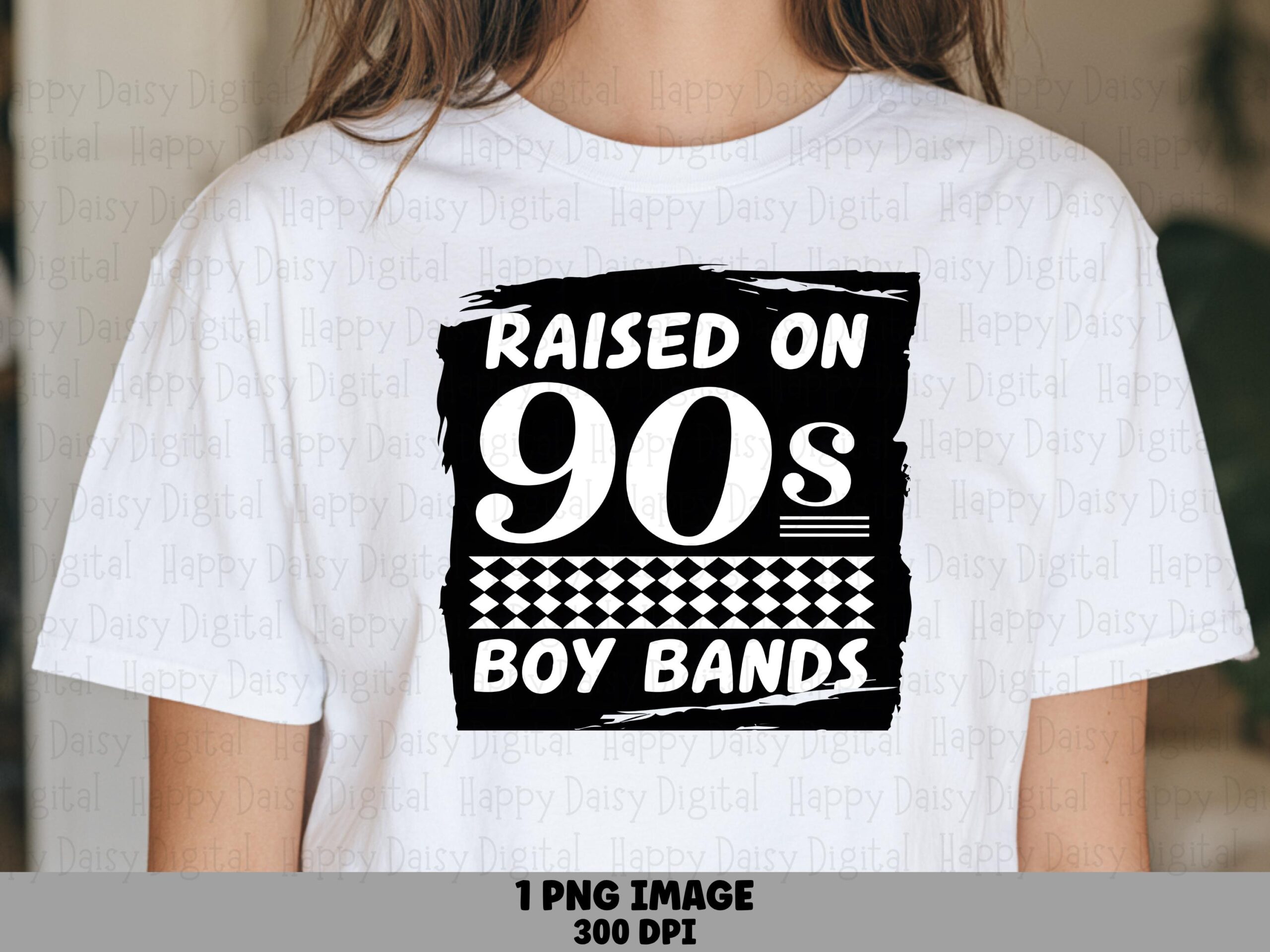 Raised On 90s, Retro Boy Bands PNG | Black Brushstroke Checkered Stripe | 300 DPI, Sublimation, Commercial Use