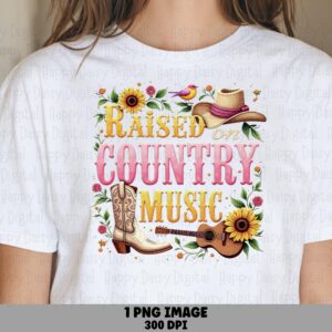 Raised On Country, Floral Text PNG | Sublimation Commercial Use | Sunflower Cowboy Boot Guitar Design, 300 DPI