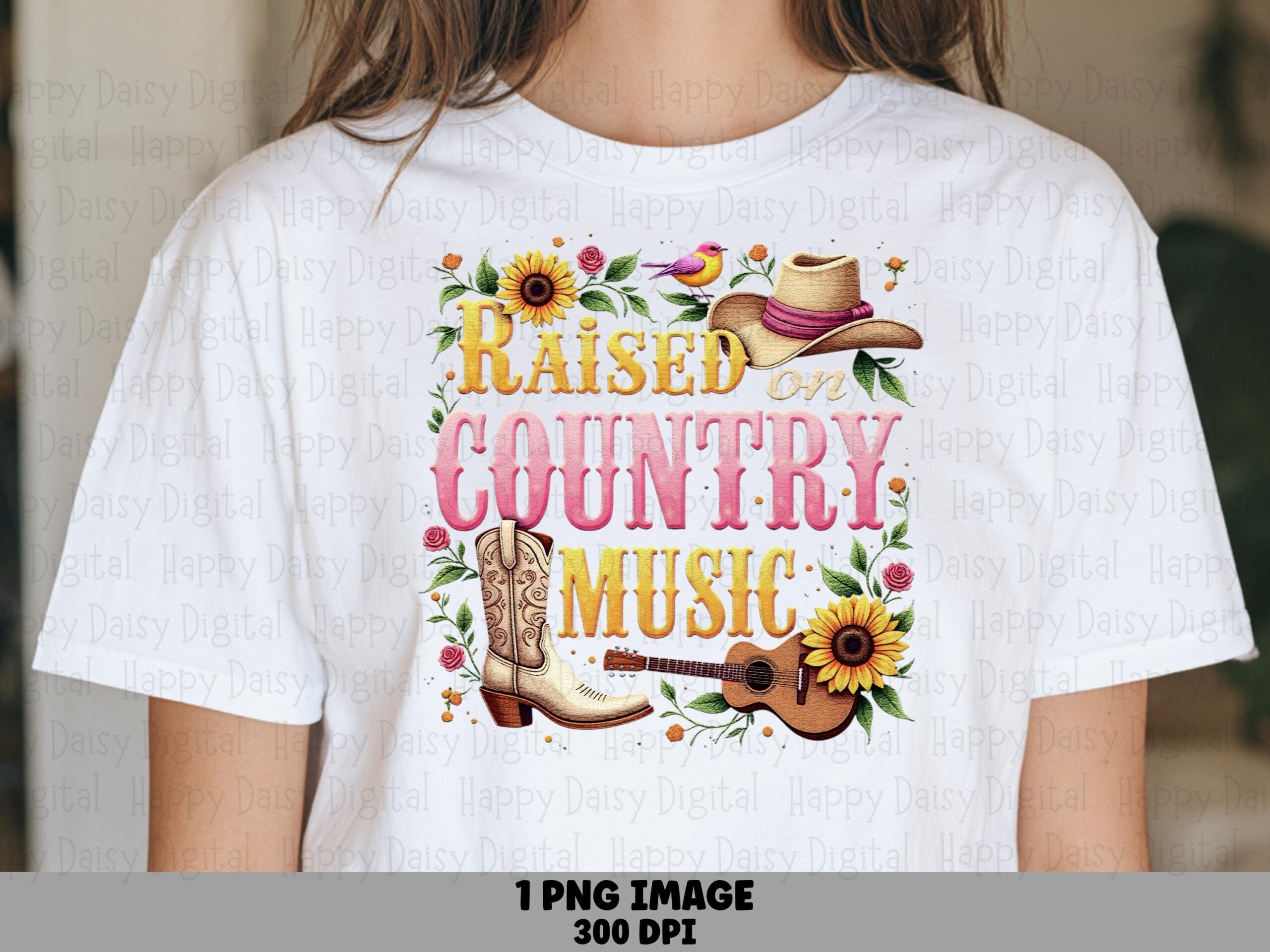 Raised On Country, Floral Text PNG | Sublimation Commercial Use | Sunflower Cowboy Boot Guitar Design, 300 DPI
