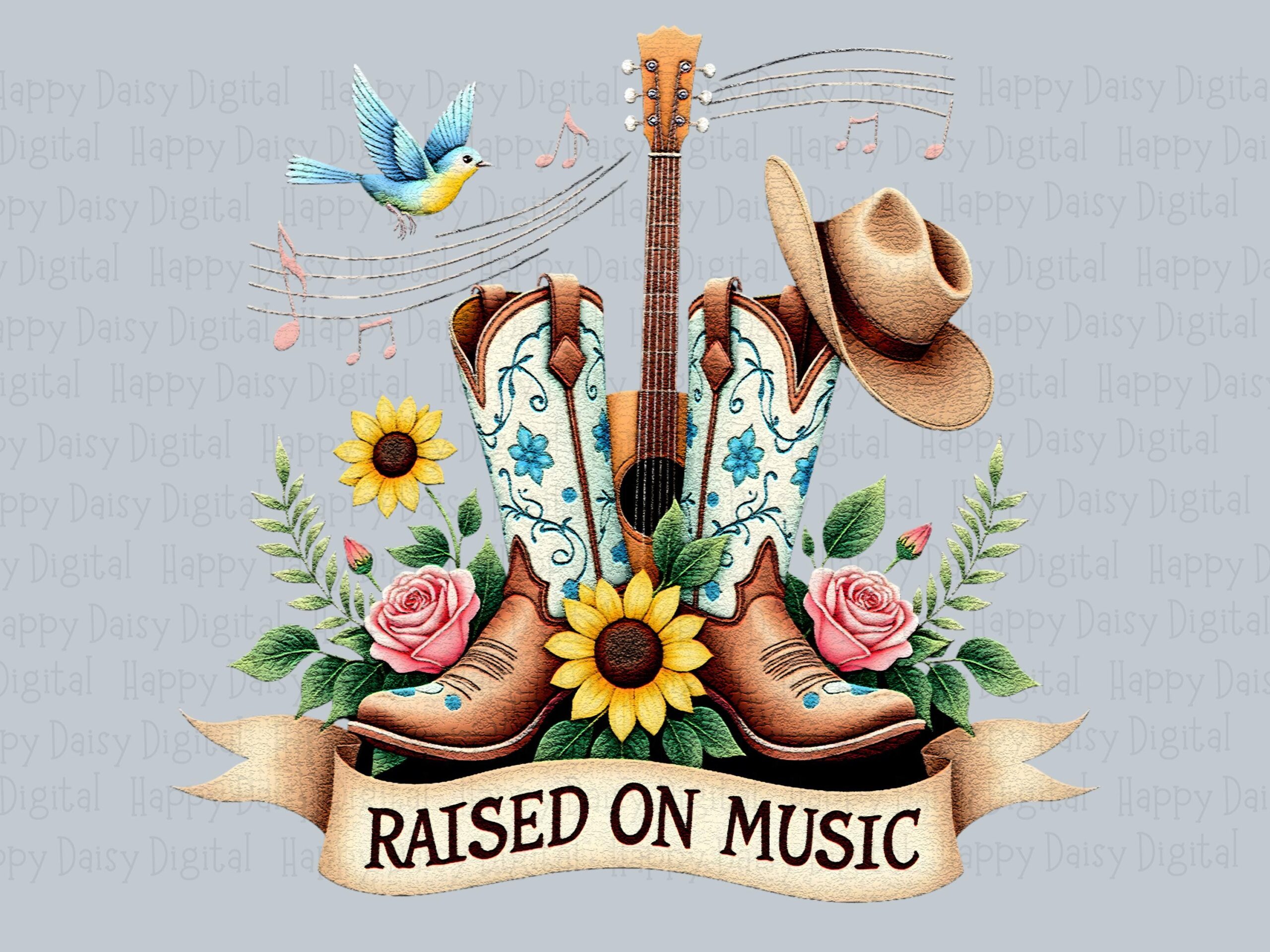 Raised On Music, Cowboy Boots PNG - Embroidered Floral Design, Guitar, Bluebird | Sublimation, Commercial, 300 DPI - Image 2