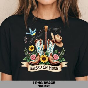 Raised On Music, Cowboy Boots PNG - Embroidered Floral Design, Guitar, Bluebird | Sublimation, Commercial, 300 DPI